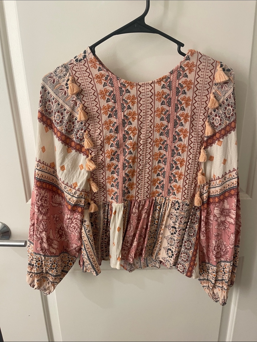 American Eagle Outfitters Boho Tassel Peasant Blouse - Pink, Cream & Brown